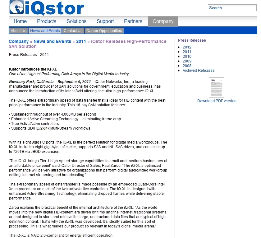 iQ-XL Press Release - announcing one Heck of a data storage device! 1 petabyte, 5 GB/sec transfer rate.